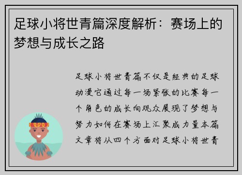 足球小将世青篇深度解析：赛场上的梦想与成长之路